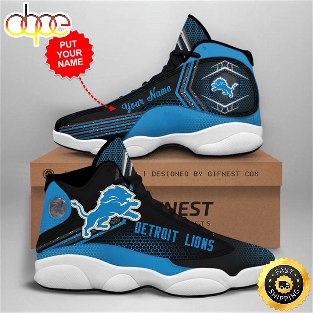 NFL Detroit Lions Custom Name Black Blue Air Jordan 13 Shoes Woqogf