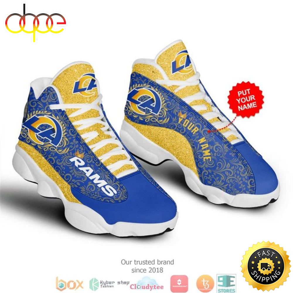 NFL Los Angeles Rams Custom Name Blue Yellow Air Jordan 13 Shoes V2 Eu9ge1