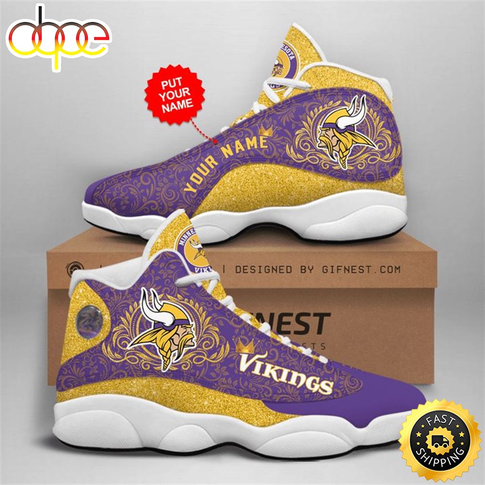 NFL Minnesota Vikings Custom Name Purle Yellow Air Jordan 13 Shoes Uvrskm