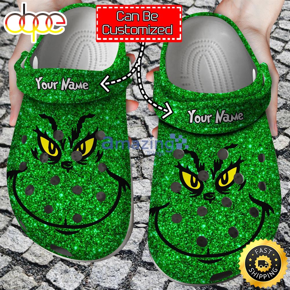 Personalized Name Christmas Crocs Grinch Face Glitter Clog For Men And Women U9s1zk