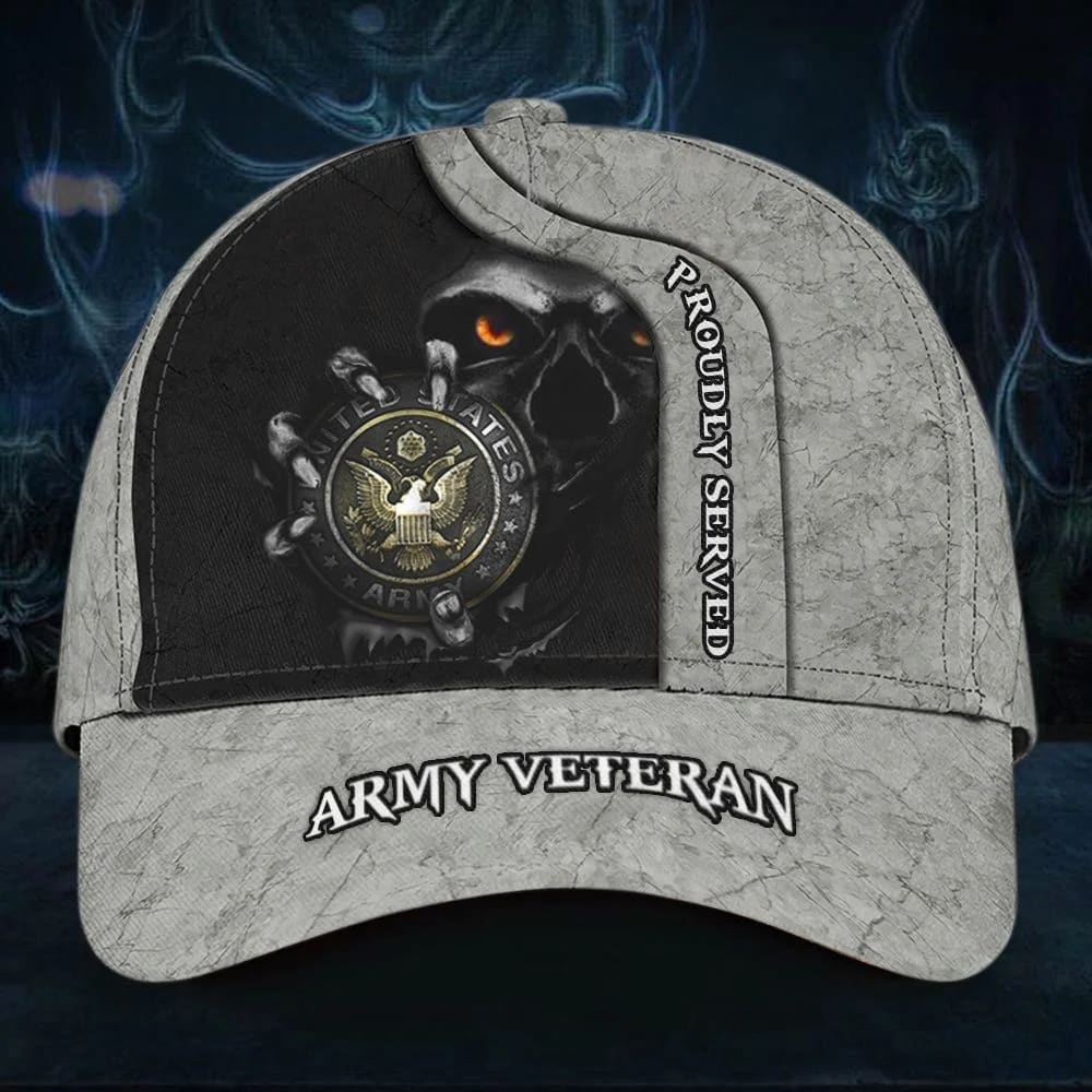Skull Army Veteran Proudly Served Cap Patriotic Honor Retired Army Veteran Hat Unique Gift Hat Classic Cap Qscup7