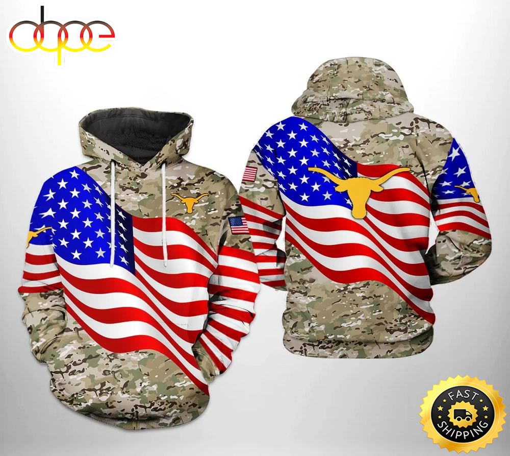 Texas Longhorns Flag American Camo Veteran 3D Hoodie Texas Longhorns Fan Gift Ideas W5keqo