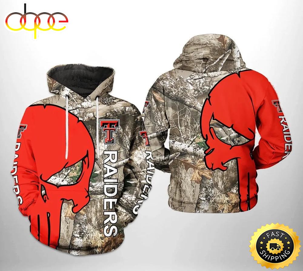 Texas Tech Red Raiders Camo Veteran Hunting And Punisher Skull 3D Hoodie College Baseball Apparel Vcekrh