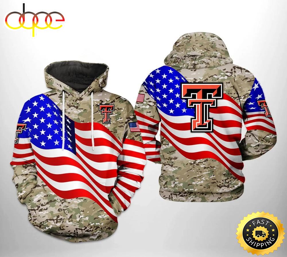 Texas Tech Red Raiders Flag American Camo Veteran 3D Hoodie NCAA Cheer Gifts Pq76k3