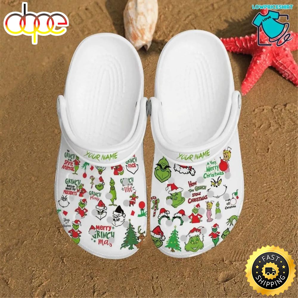The Grinch Grinchmas Face Pattern Christmas Custom Name Clog Clogband Crocs Shoes Texh2i