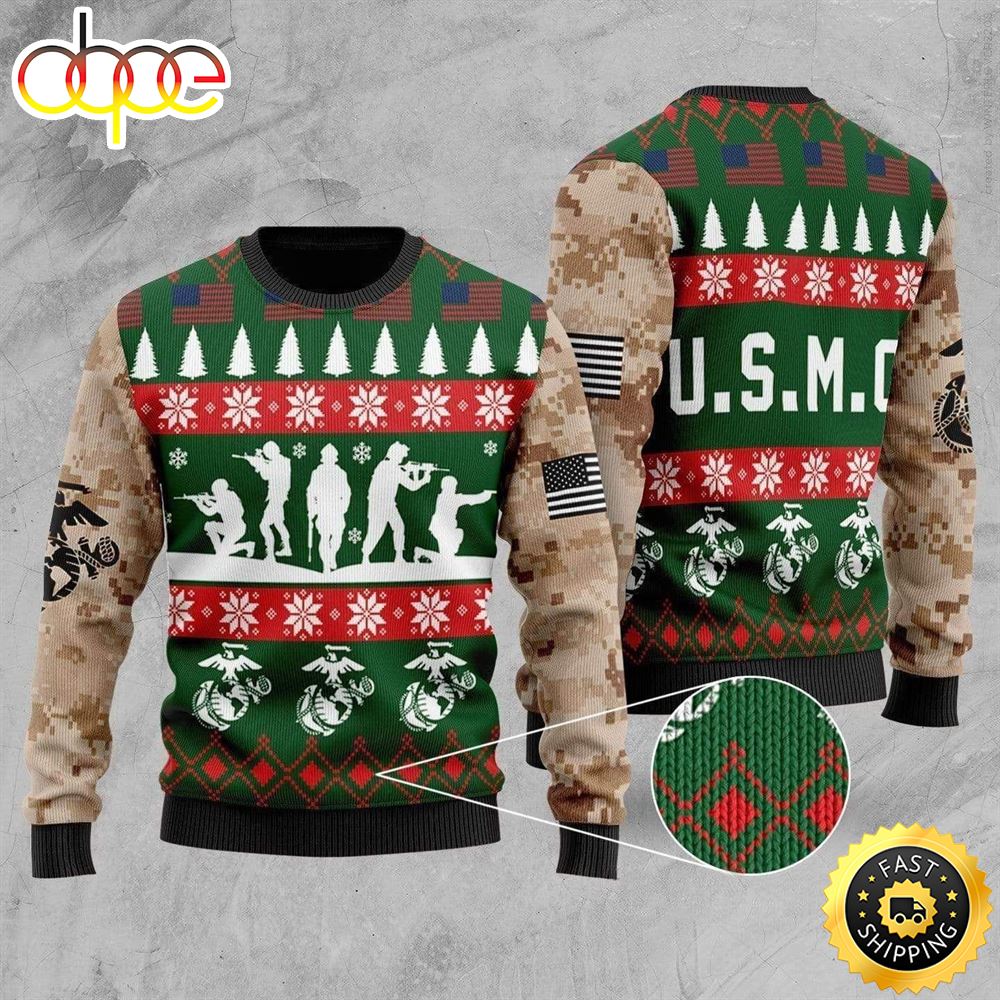 Unifinz Veteran Sweater United States Marine Corps Camo Green Veteran Christmas Ugly Sweater Oga8uw