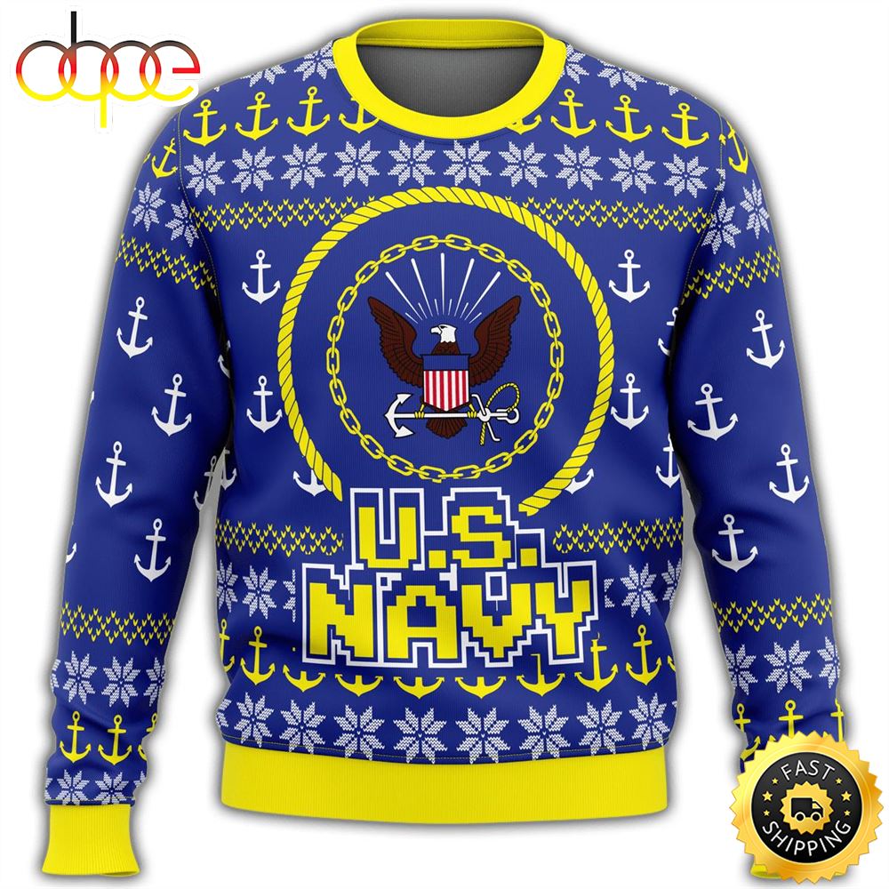 Unifinz Veteran Sweater Us Navy Anchor Pattern Blue Yellow Veteran Christmas Ugly Sweater Xvmam5