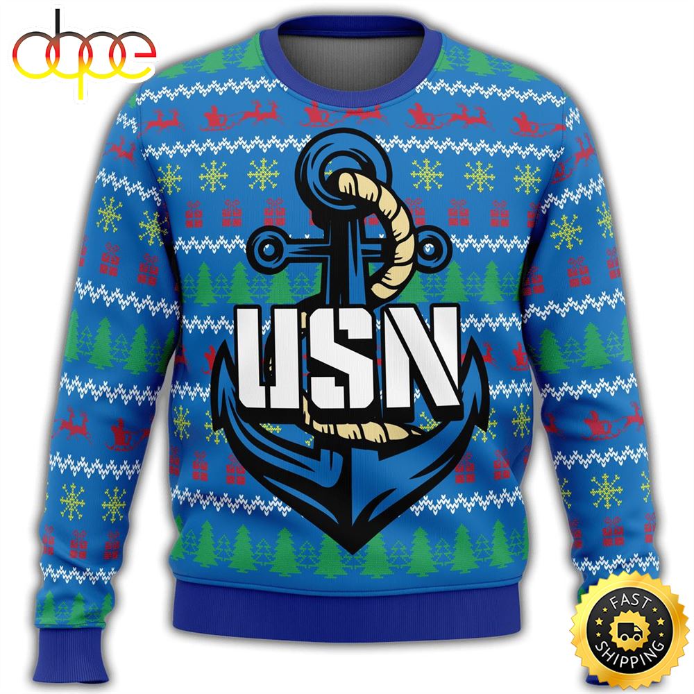 Unifinz Veteran Sweater Us Navy Anchor Veteran Christmas Pattern Blue Ugly Sweater Stt394