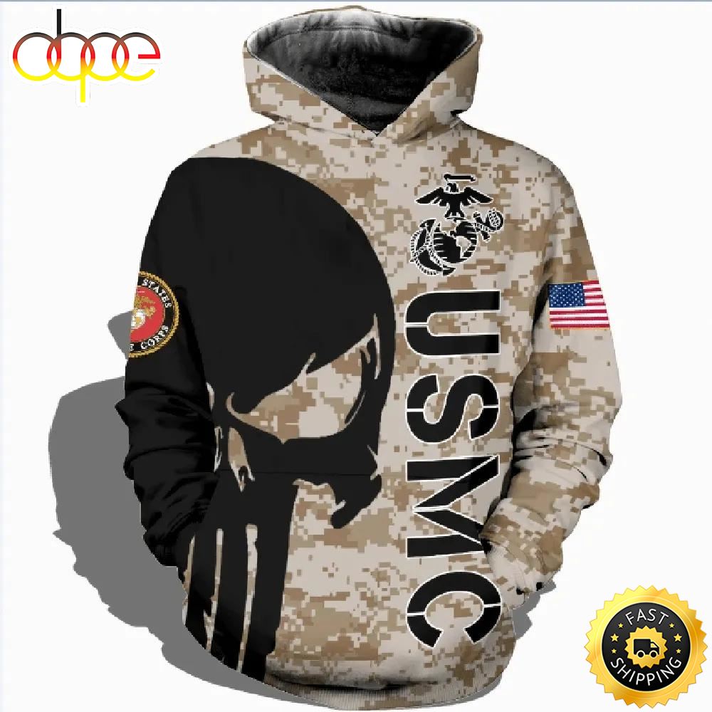 Veteran American Military USMC Marines Black Skull On Left 3D Hoodie All Over Printed J4vh2e