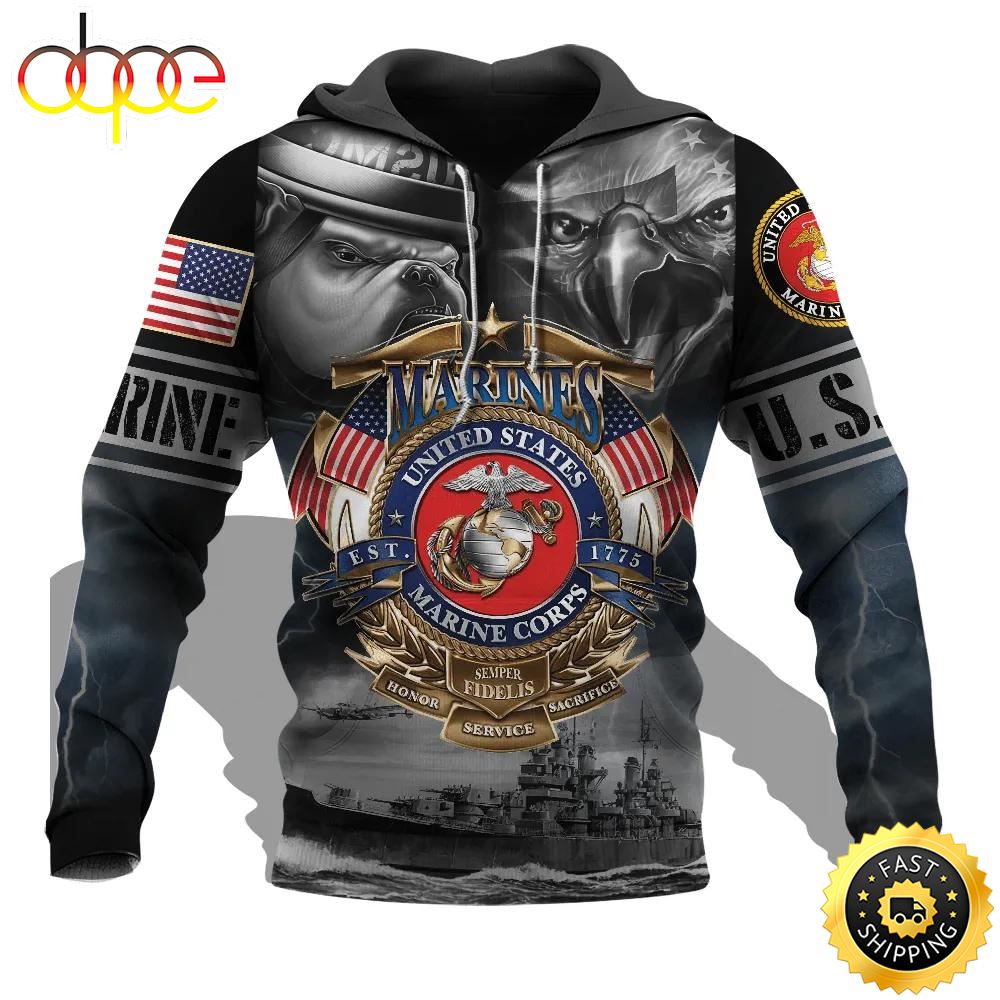 Veteran United States Marine Corps Semper Honor Bull Dog 3D Hoodie All Over Printed Inxoay