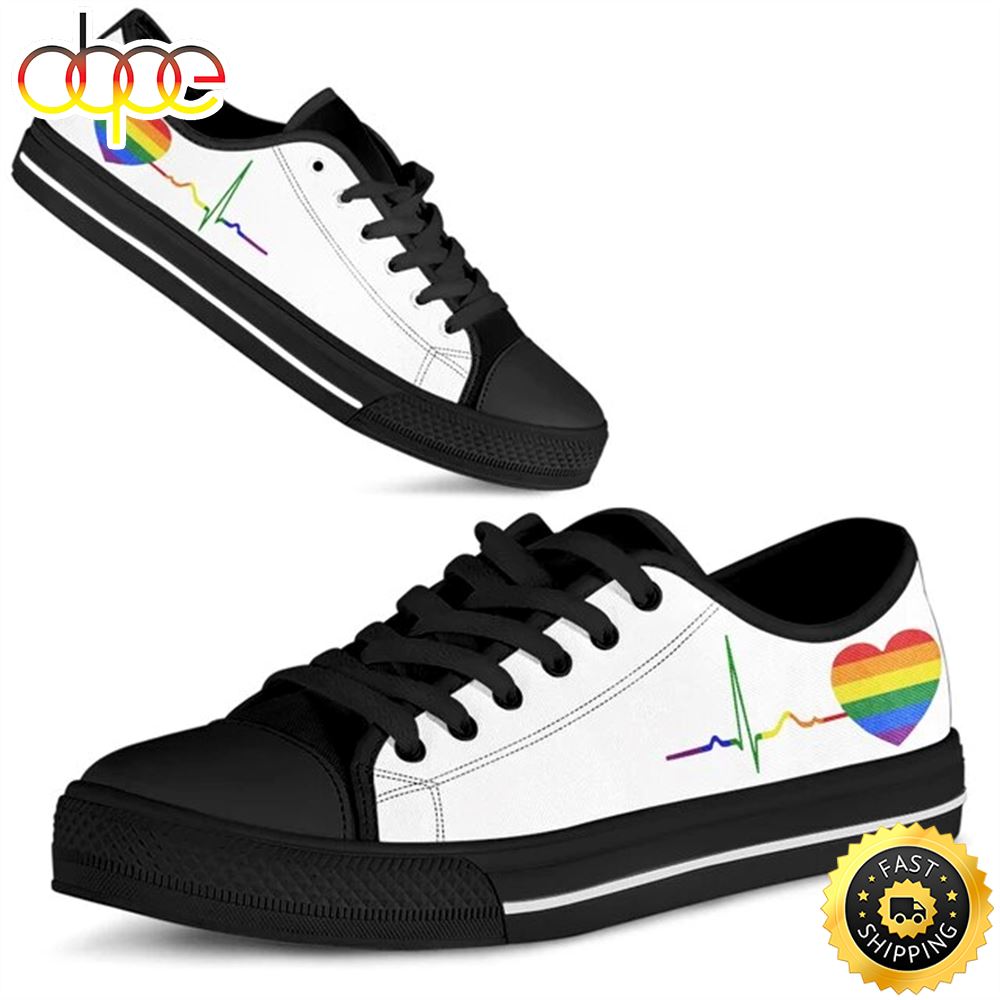 Bkqu Lgbt Pride Heartbeat Black Women Canvas Low Top Vulcanized Sneakers Rainbow Lace Nq2hji