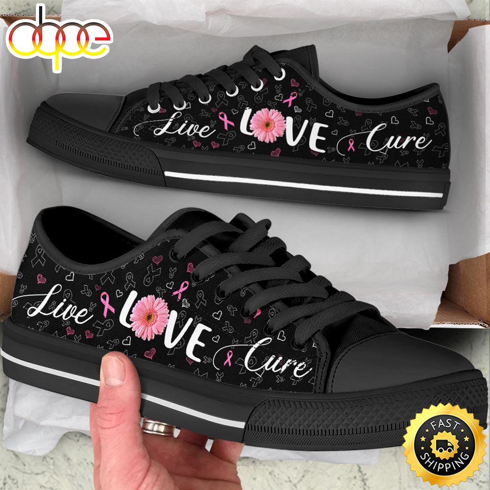 Breast Cancer Shoes Live Love Cure Ribbon Heart Low Top Shoes Canvas Shoes Eqiria