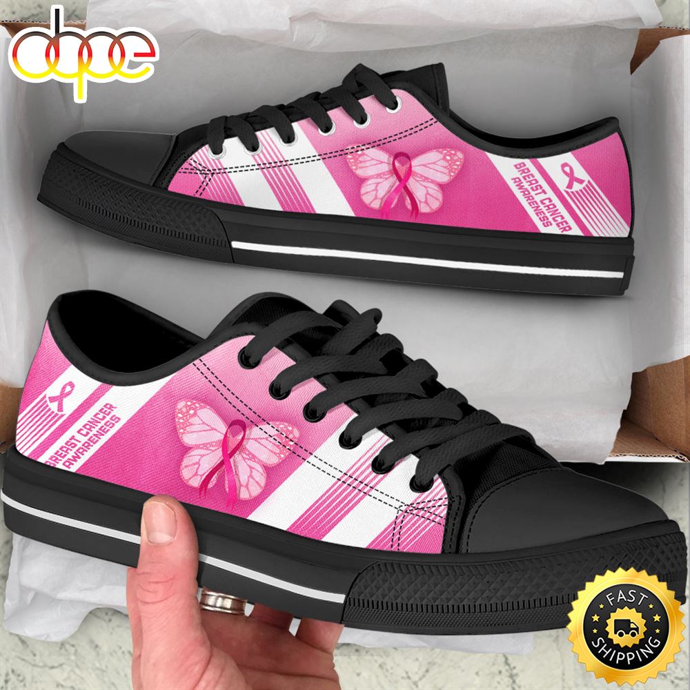 Breast Cancer Shoes Striped 2 Low Top Black Shoes Canvas Shoes Jeqf5w