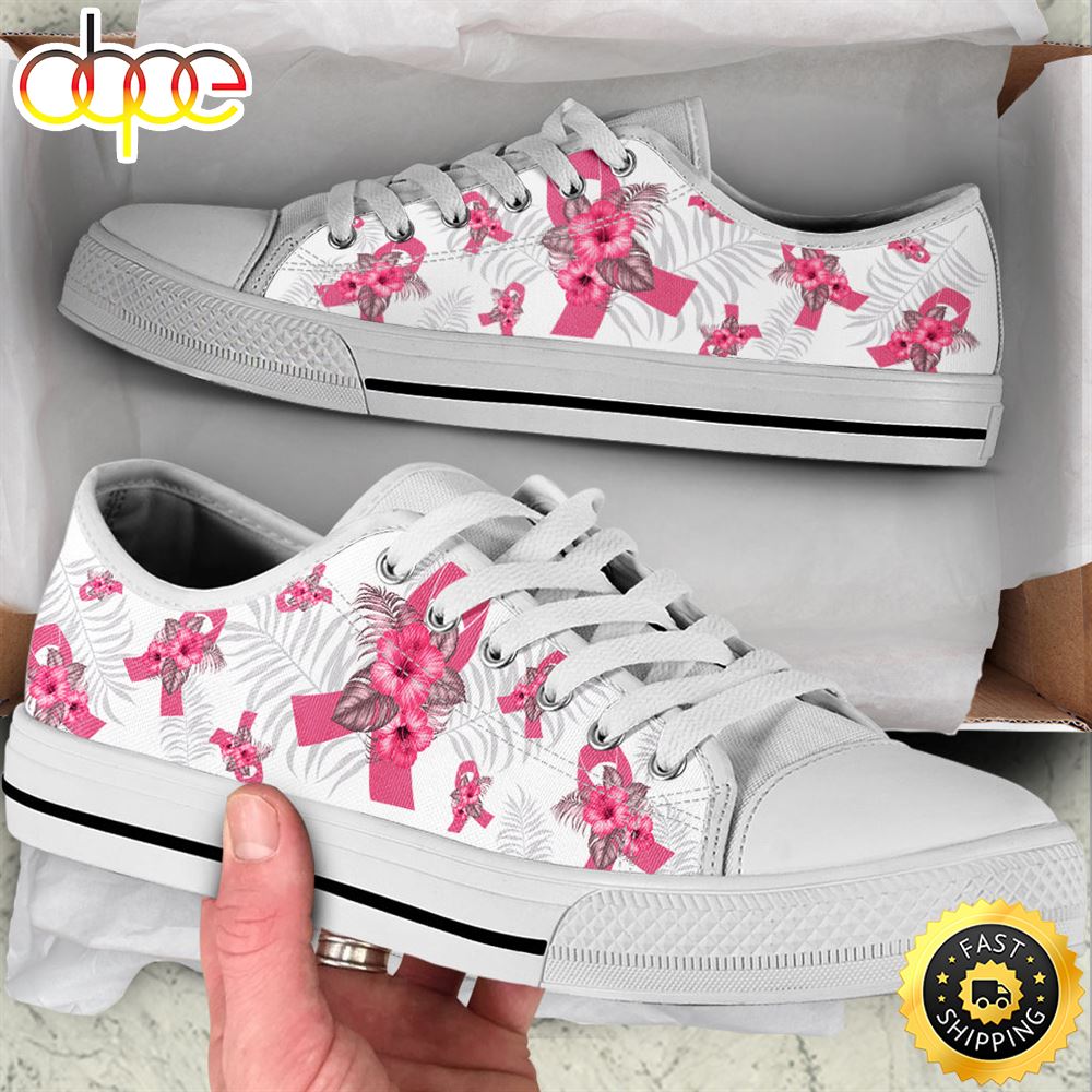 Breast Cancer Shoes With Hibiscus Flower Low Top Shoes Canvas Shoes Mkurld