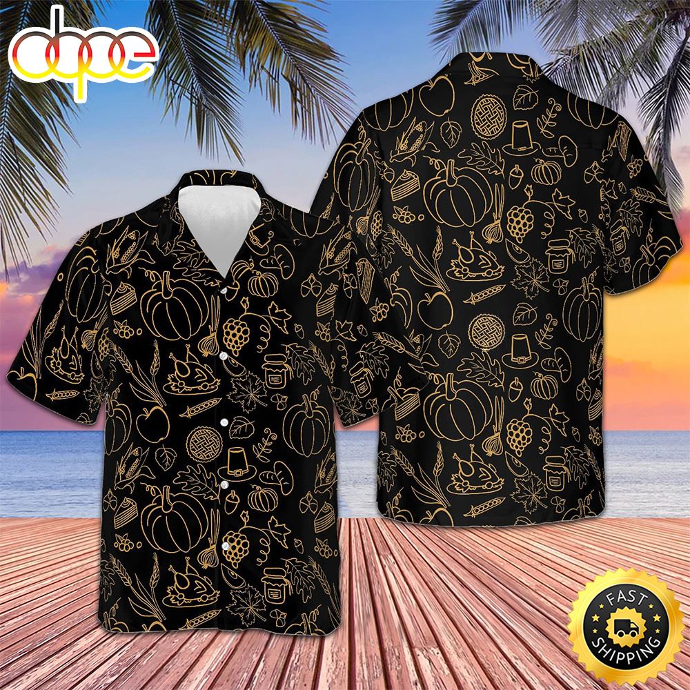 Cartoon Thanksgiving Pattern Hawaiian Shirt Black Button Up Shirt Gifts For Men Amwedt