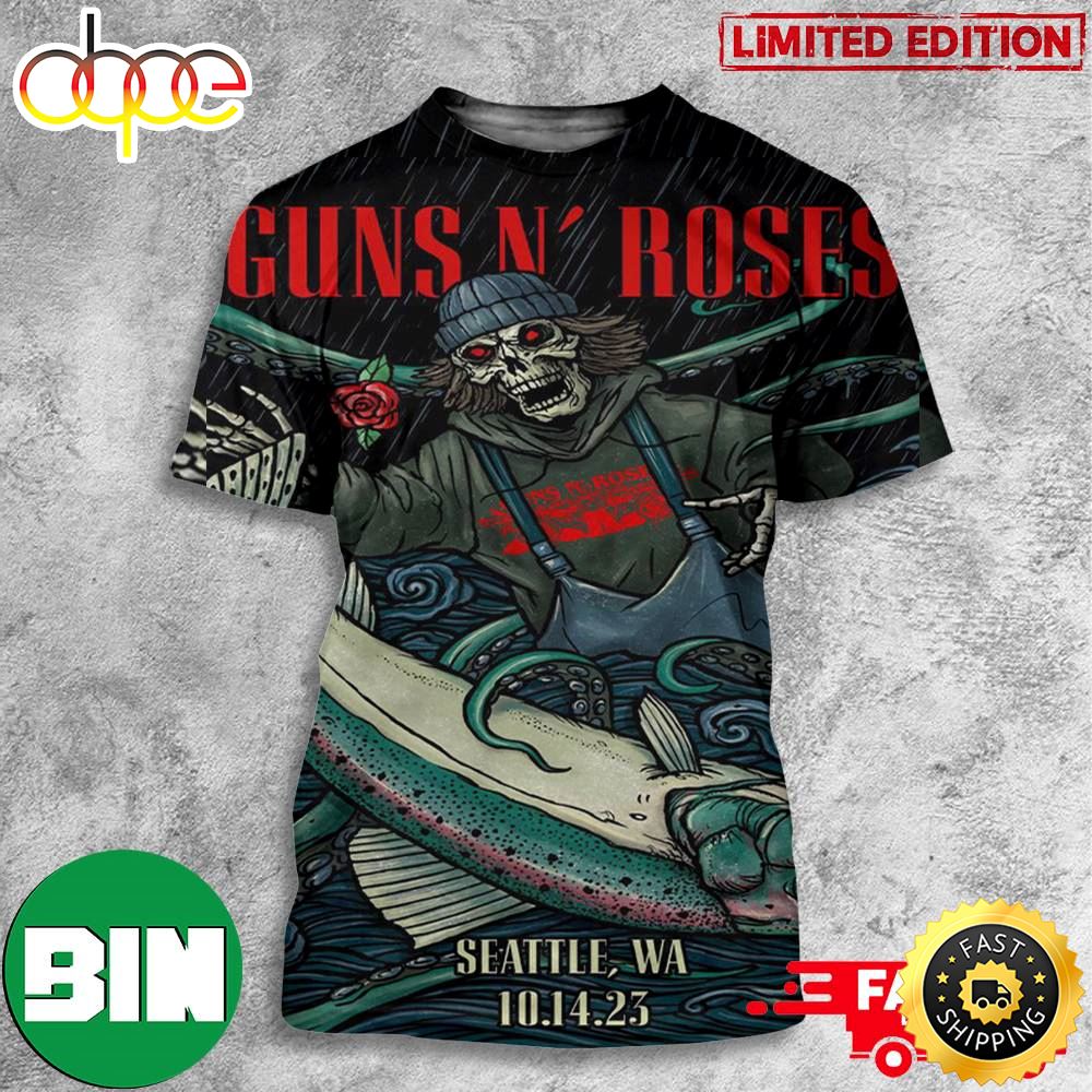 Guns N Roses American Tour 2023 Saturday October 14 Climate Pledge Arena Seattle WA Full Show Combine Skeleton Versus Kraken 3D T Shirt Qm64e1