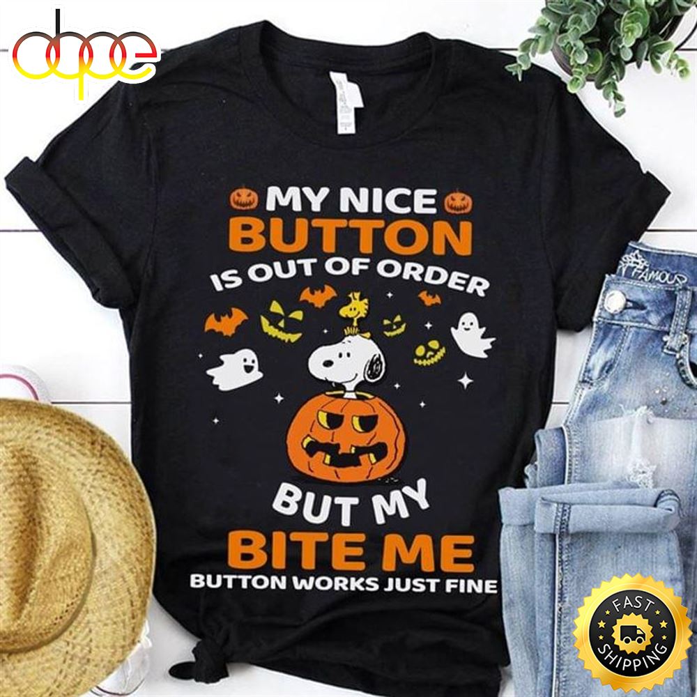Happy Halloween Snoopy Disney My Nice Button Is Out Of Order Funny Black T Shirt Zehnob