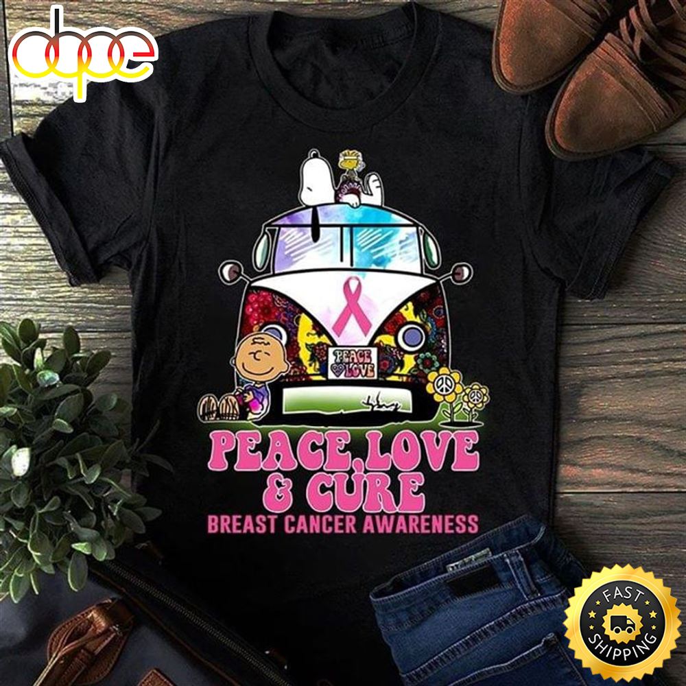 Hippie Bus Snoopy And Charlie Brown Peace Love And Cure Breast Cancer Awareness Black T Shirt Pveo4q