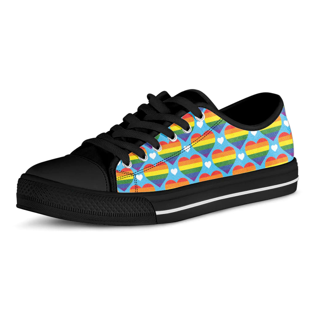 Lgbt Pride Rainbow Heart Pattern Print Black Low Top Sneakers Radubx