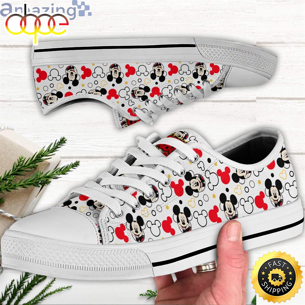 Mickey Mouse Smiling Red White Disney Cartoon Sneakers Low Top Shoes Bufvyt