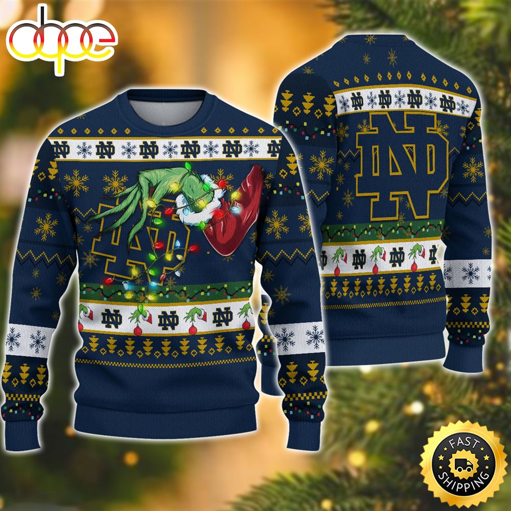 NCAA Notre Dame Fighting Irish Grinch Christmas Ugly Sweater Wqdgwi
