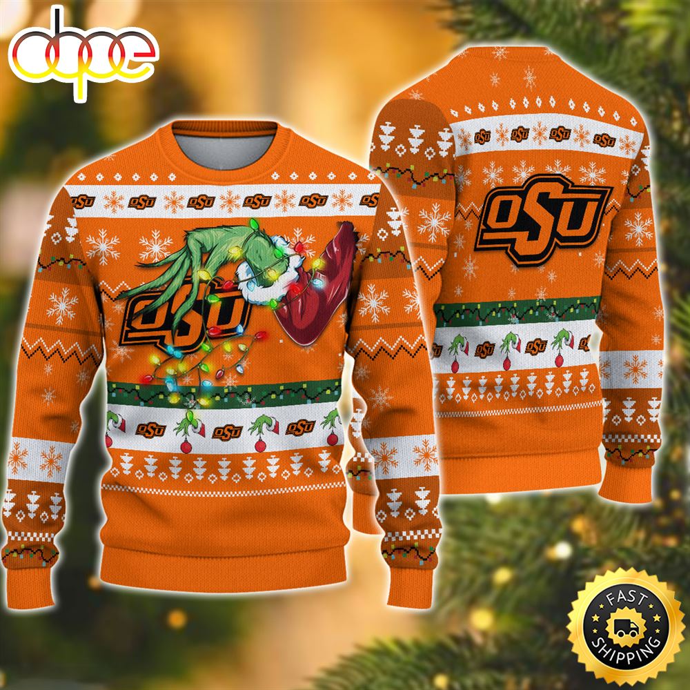NCAA Oklahoma State Cowboys Grinch Christmas Ugly Sweater Pbxuht