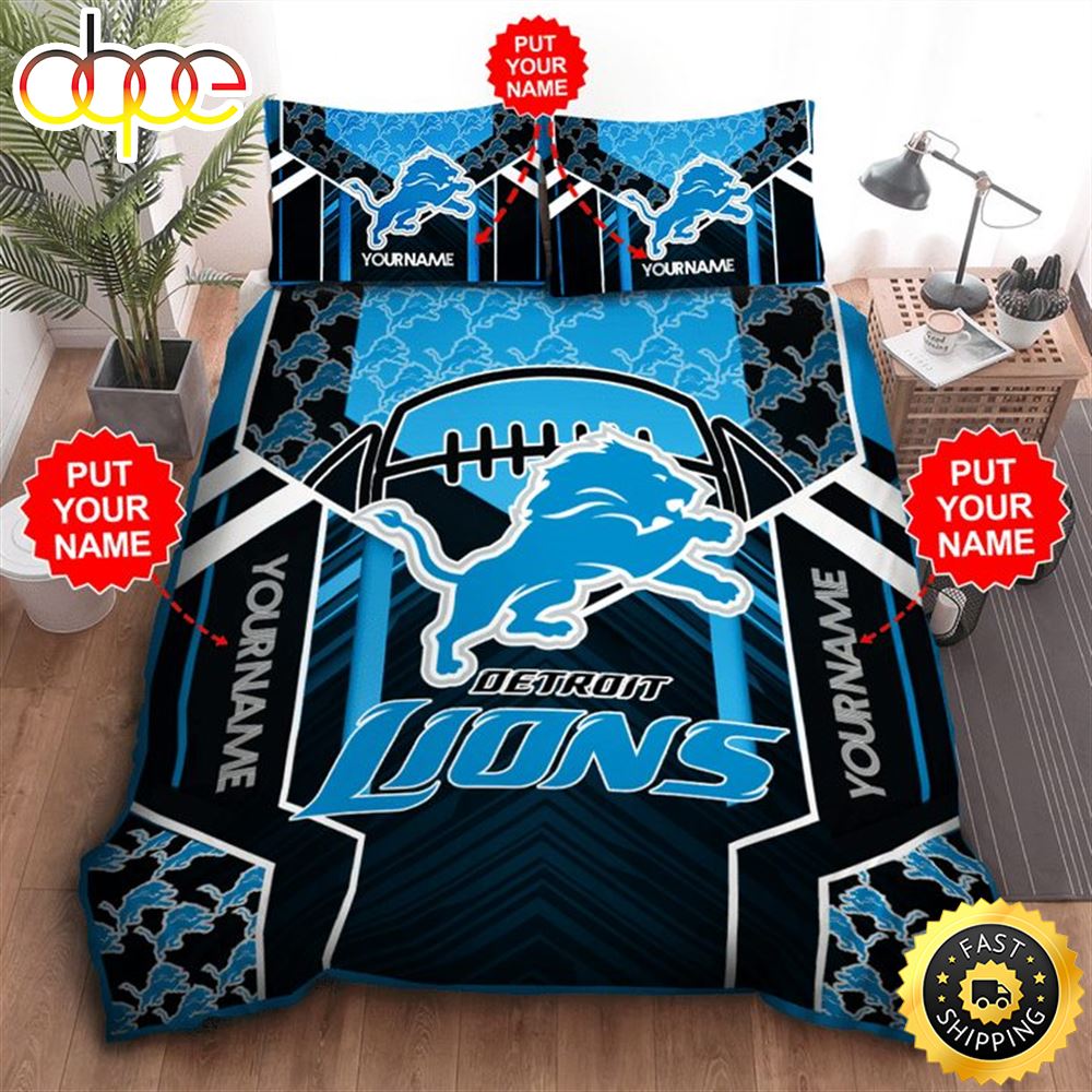 NFL Detroit Lions Custom Name Black Blue Bedding Set Jpnna2