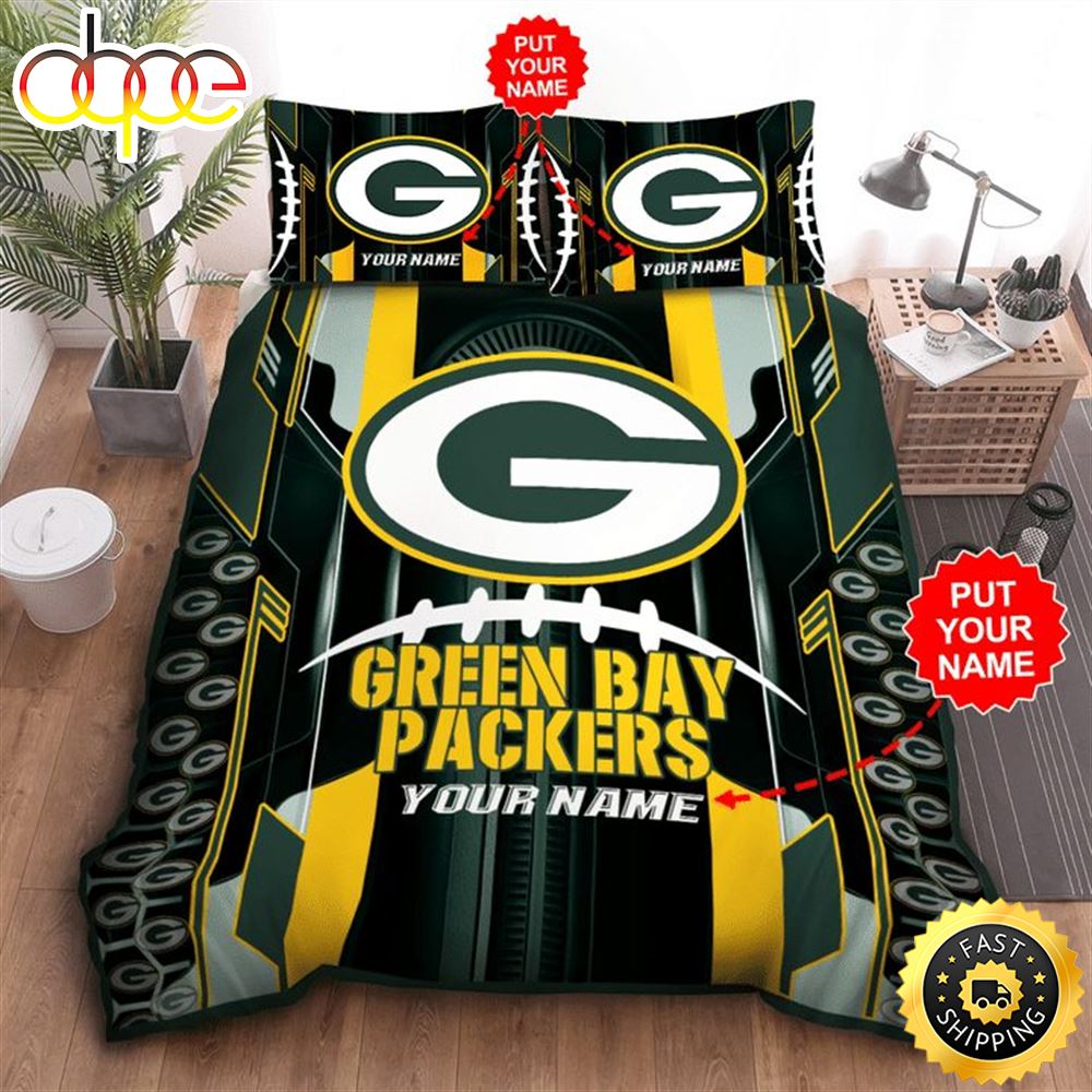 NFL Green Bay Packers Custom Name Big Logo Ball Bedding Set Upuqr3