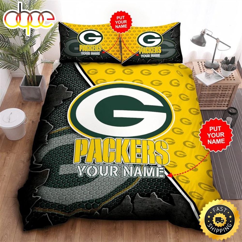 NFL Green Bay Packers Custom Name Green Yellow Bedding Set Qhzmi8