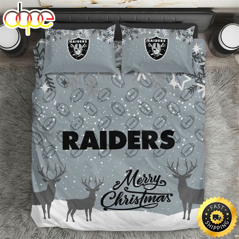 NFL Las Vegas Raiders Silver Merry Christmas Bedding Set Oqb8ri