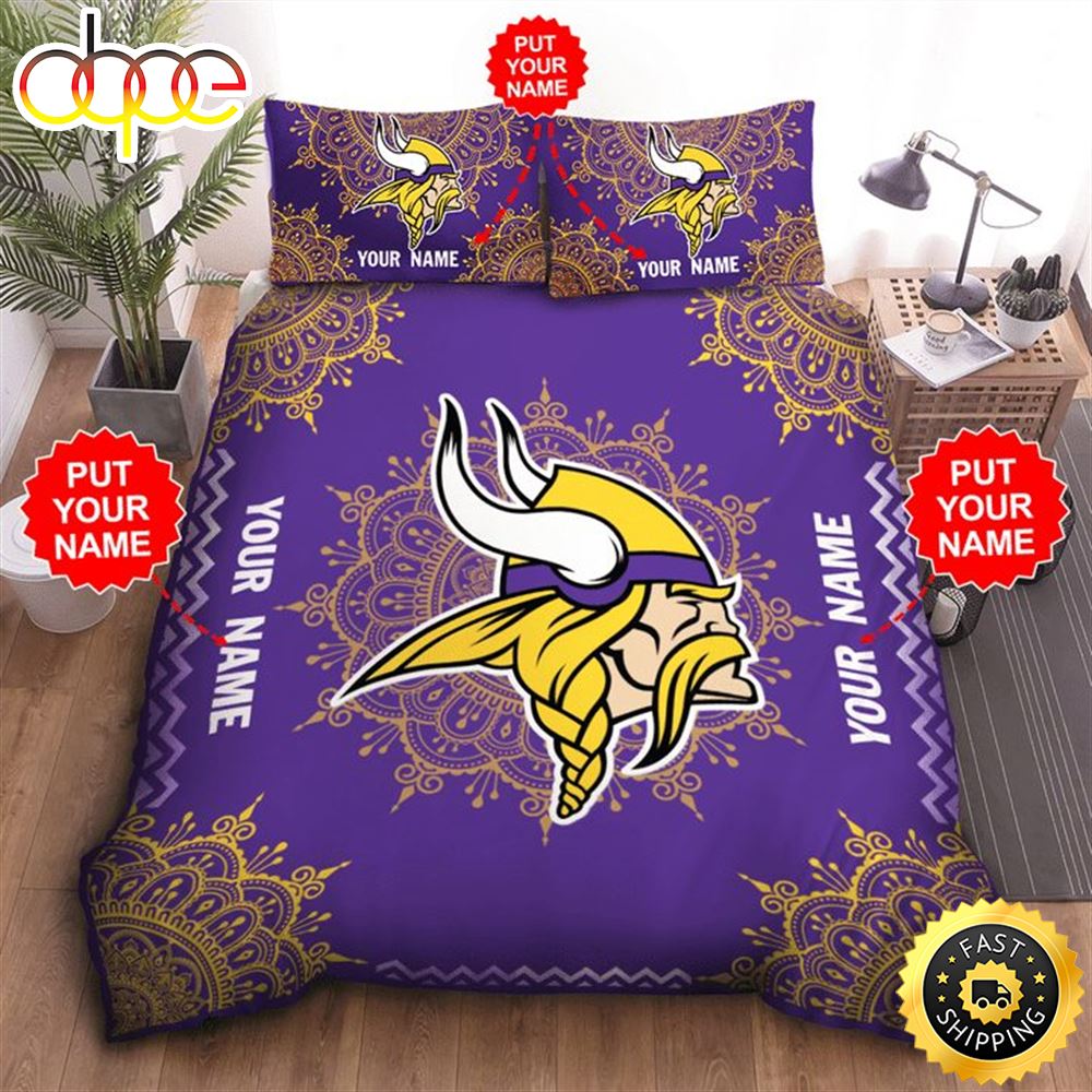 NFL Minnesota Vikings Custom Name Purple Yellow Logo Bedding Set Yj83p1