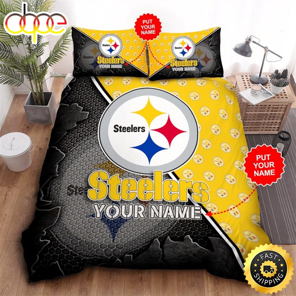 NFL Pittsburgh Steelers Custom Name Black Golden Logo Bedding Set Guqhim