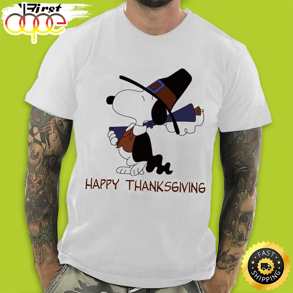 Peanuts Thanksgiving Shirt Snoopy Wearing Pilgrim Outfit Qcm8xw