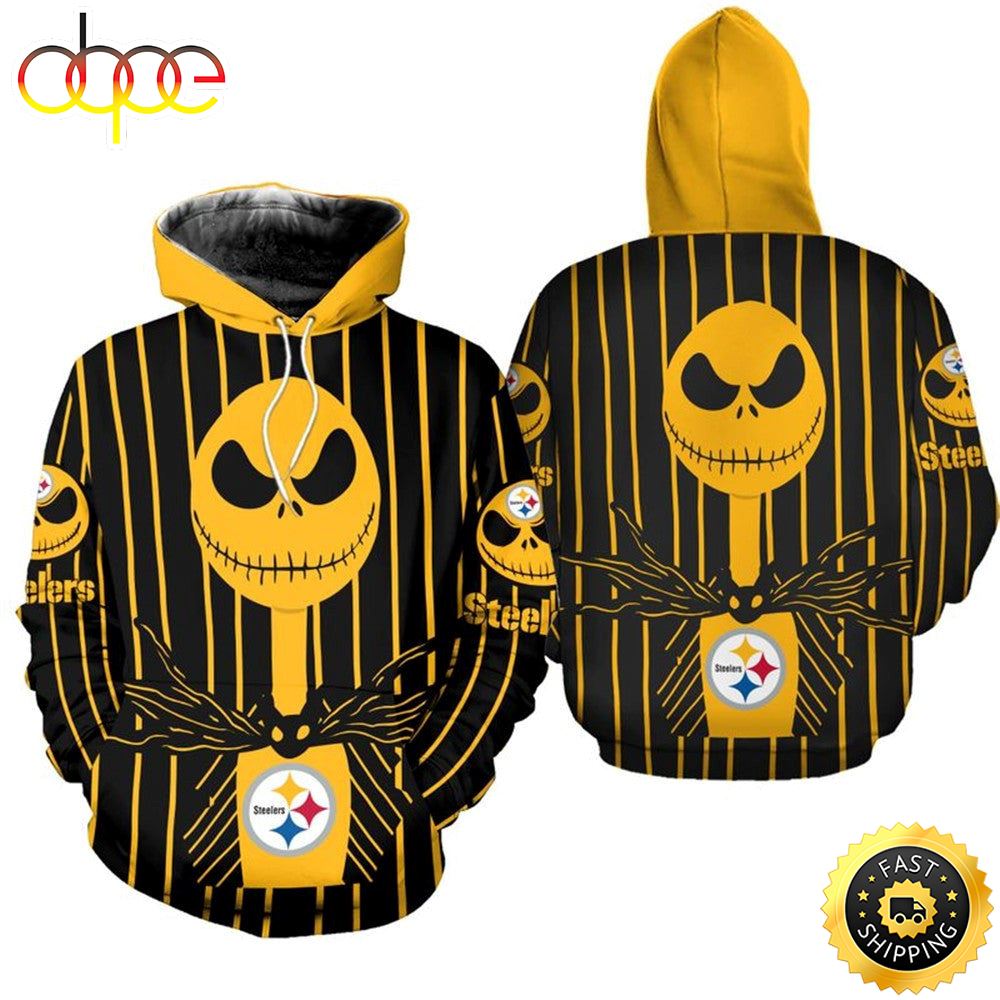 Pittsburgh Steelers Halloween Yellow With Jack Skellington Super Bowl 3D Pullover Hoodie 2869 Ezb7sc