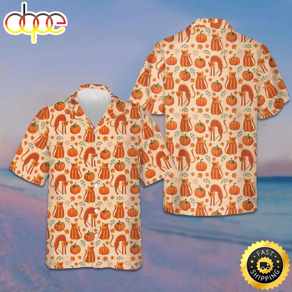 Pumpkin And Cats Hawaiian Shirt Thanksgiving Button Up Shirt Gifts For Cat Lovers V2i8hf