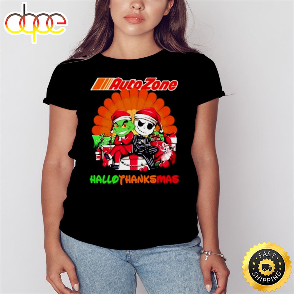 Santa Grinch And Jack Skellington Auto Zone Happy Hallothanksmas 2023 Shirt K5lao5