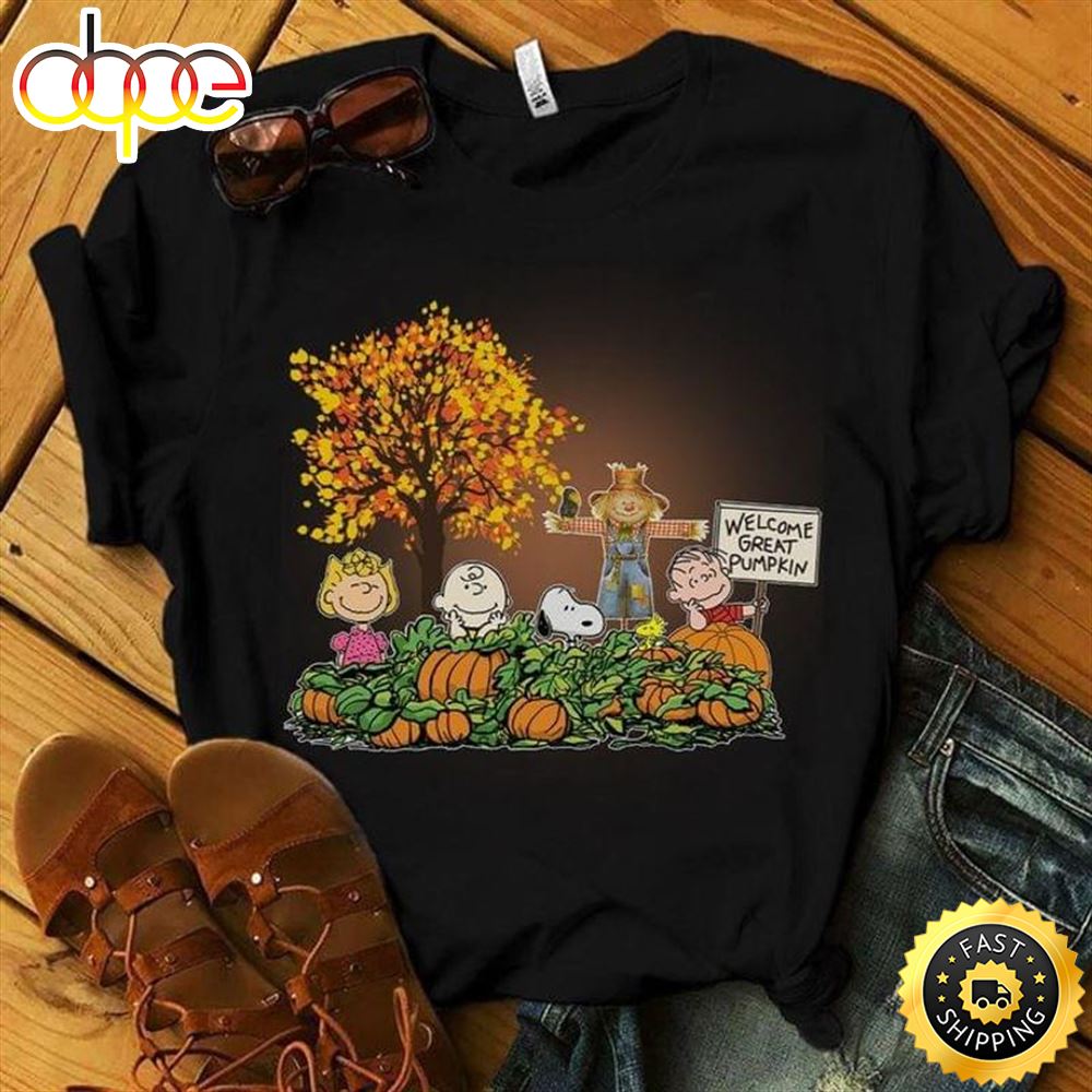 Snoopy And Friends Peanuts Autumn Shirt Welcome Great Pumpkin Halloween Gift Idea Black T Shirt Ca7ucs