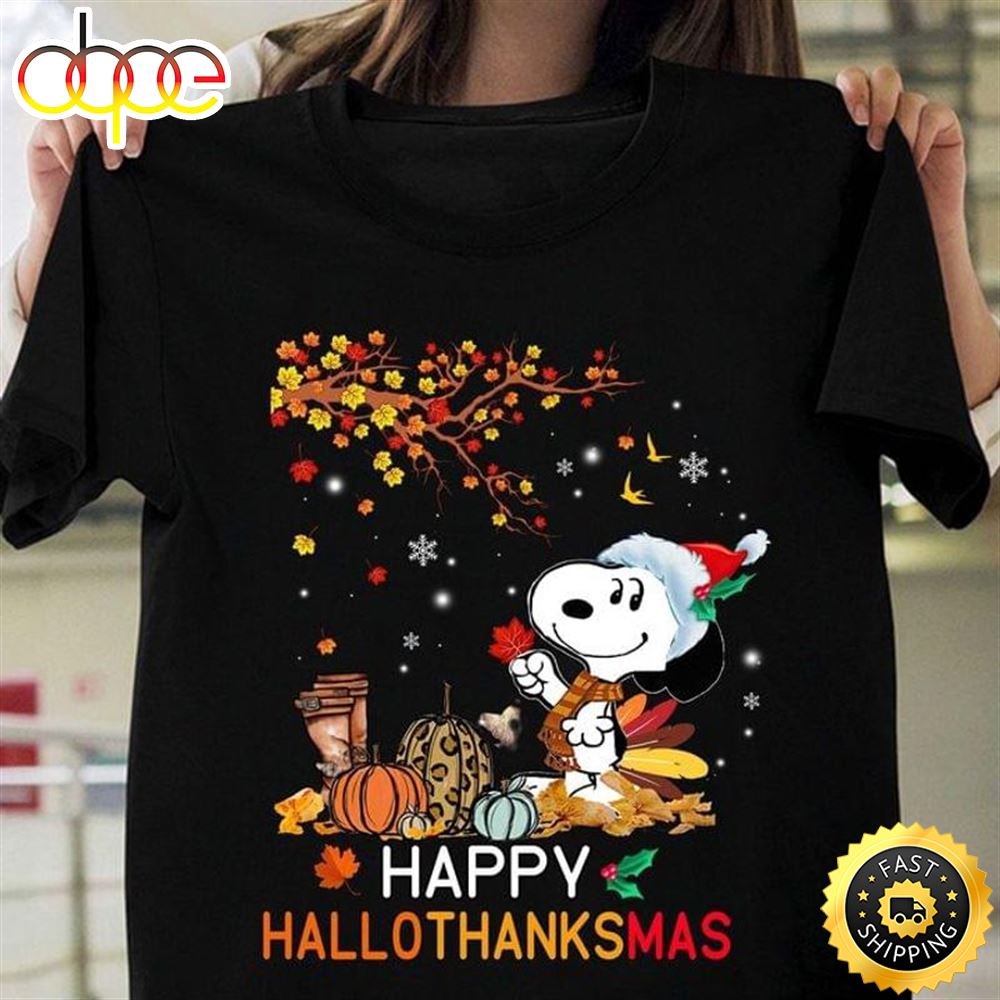 Snoopy Autumn Happy Hallothanksmas Perfect Gift For Holiday Black T Shirt Lnidwi