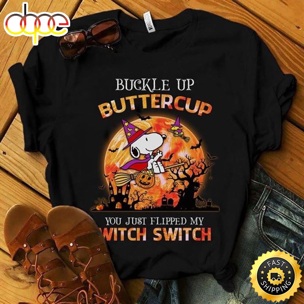 Snoopy Witch Buckle Up Butter Cup Happy Halloween Gift Black T Shirt Zh8zgw