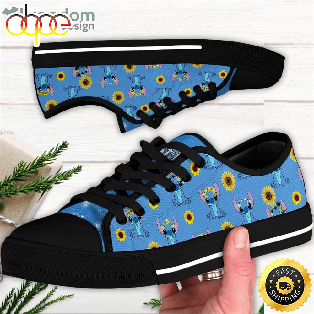 Stitch Sunflowers Blue Black White Disney Cartoon Sneakers Low Top Canvas Shoes Fefwkj