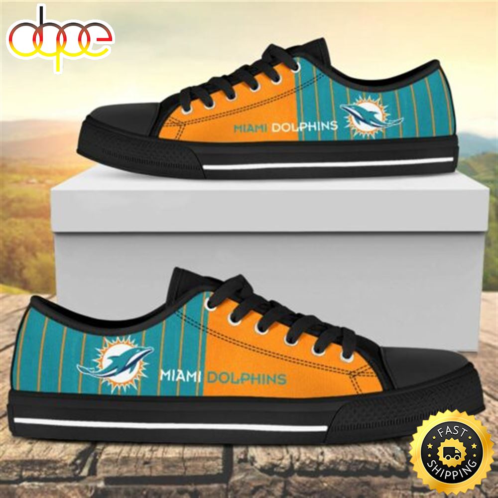 Vertical Stripes Miami Dolphins Canvas Low Top Shoes Black Momrbr