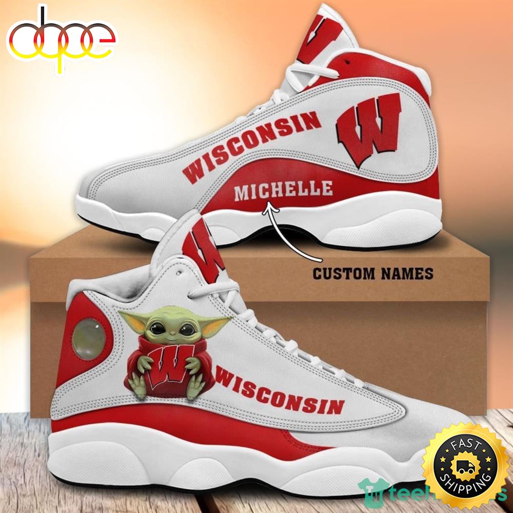 Wisconsin Badgers Fans Baby Yoda Custom Name Air Jordan 13 Sneaker Shoes Ws9r7p