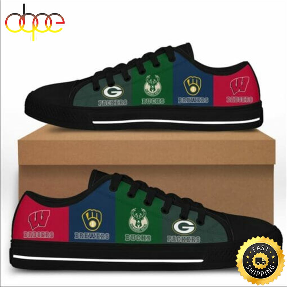 Wisconsin Badgers Wisconsin Badgers Green Bay Packers Milwaukee Brewers Milwaukee Bucks FLAG Low Top Black Shoes Zagzer
