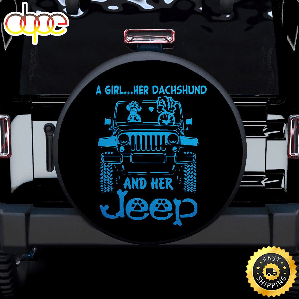 A Girl Her Dachshund And Her Jeep Blue Car Spare Tire Covers Gift For Campers Izcxty