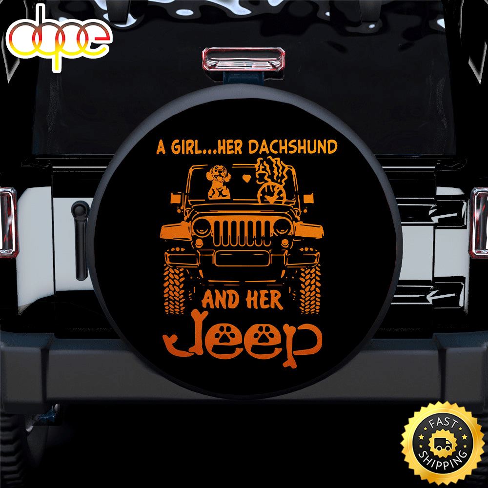 A Girl Her Dachshund And Her Jeep Orange Car Spare Tire Covers Gift For Campers C1dqto
