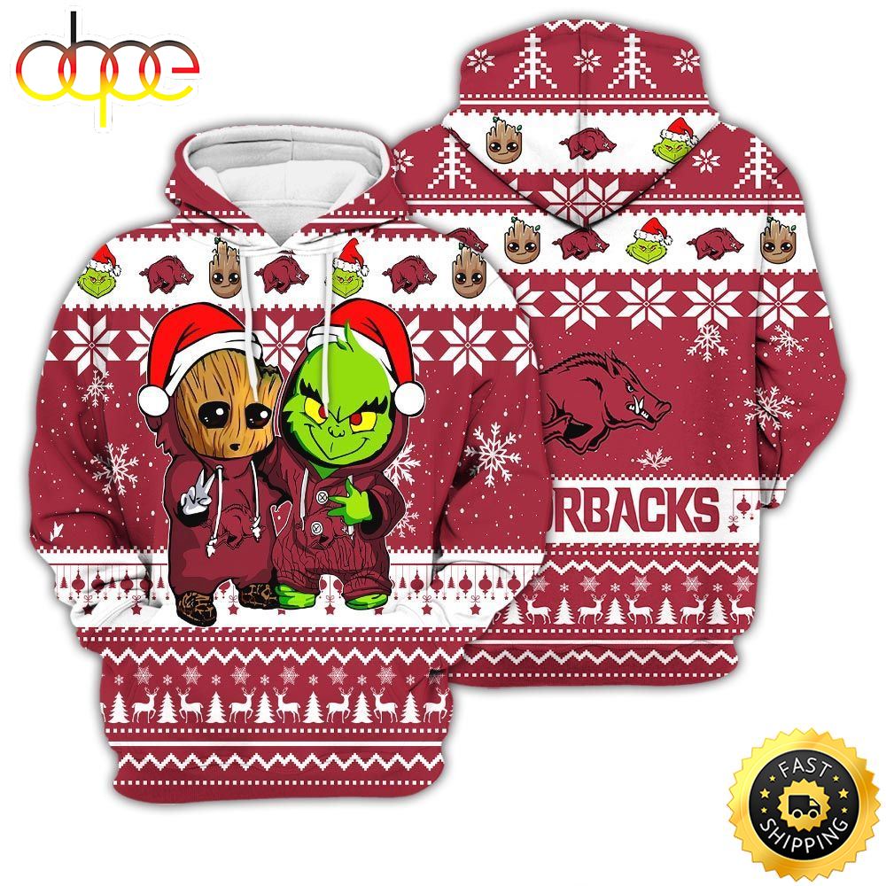 Arkansas Razorbacks Baby Groot And Grinch Best Friends Football American Ugly Christmas Sweater New Trends For Fans Club Gifts Unisex 3D Hoodie Akz8gu