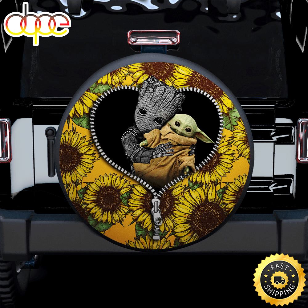 Baby Groot And Baby Yoda Sunflower Zipper Car Spare Tire Covers Gift For Campers Xfq07x