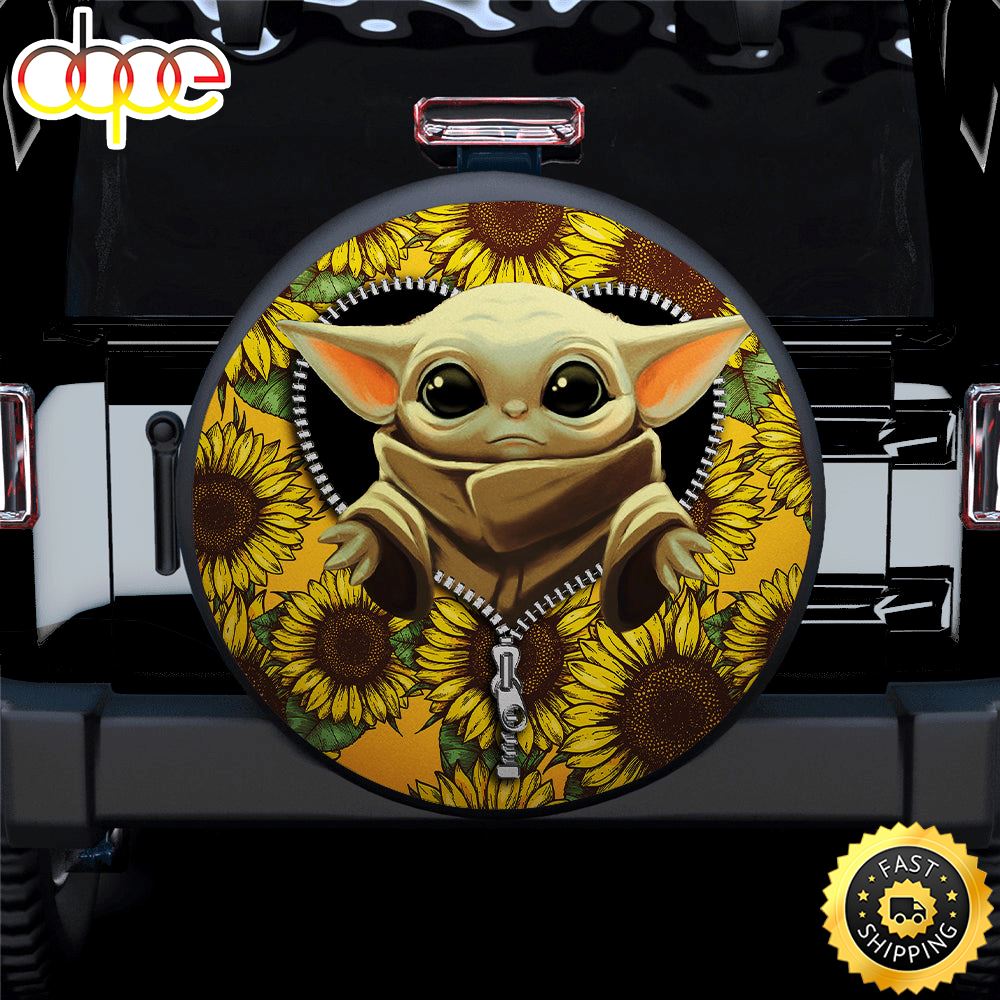 Baby Yoda Sunflower Zipper Car Spare Tire Covers Gift For Campers Tdbanx