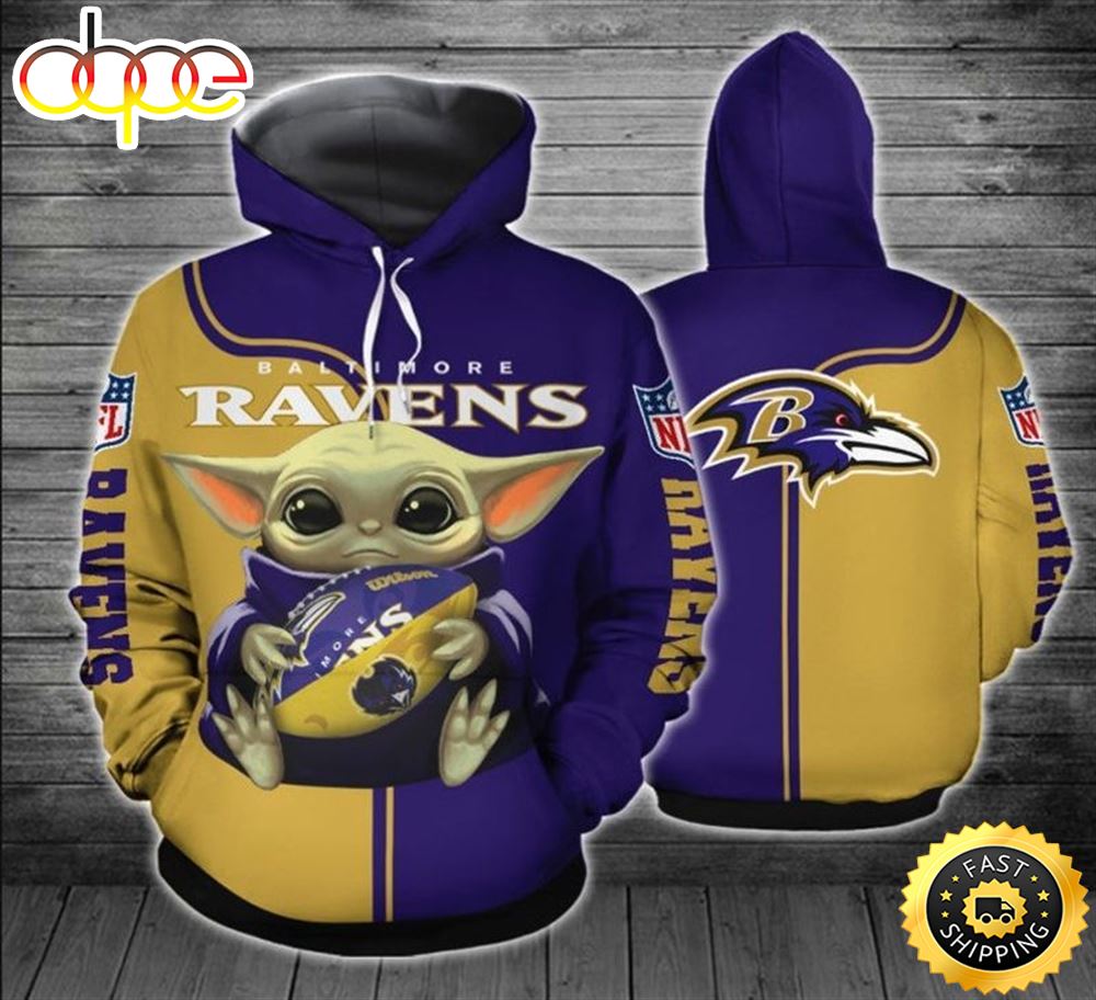Baltimore Ravens Baby Yoda 3d Hoodie All Over Print Unique Baltimore Ravens Gifts Bdijkn