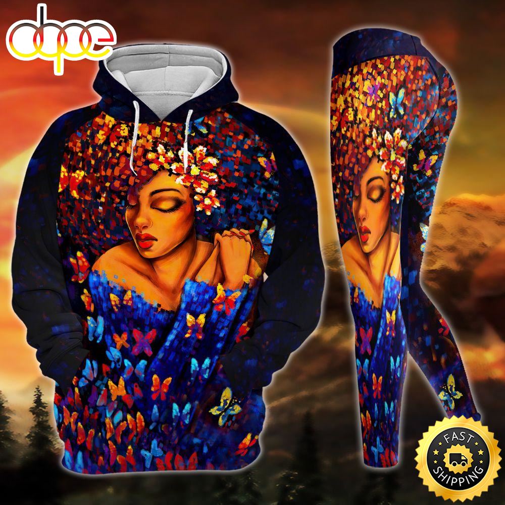 Black Girl Buttefly All Over Print Leggings Hoodie Set Outfit For Women